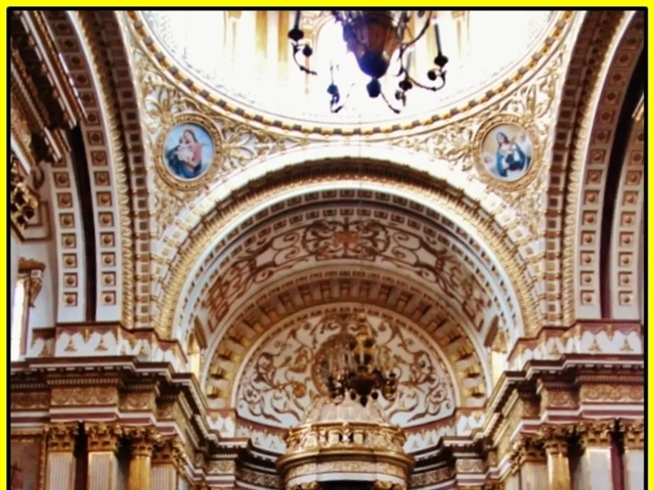 This is an inside picture of the church, there are some statues, pillars, chairs and some other...